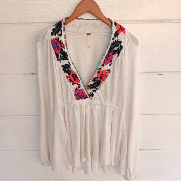 Free People Aztec White Embroidered Tunic Top Boho Hippie Waffle Thermal Large - Picture 2 of 15
